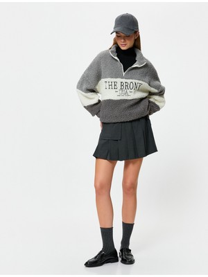 Koton Peluş Sweatshirt Yarım Fermuarlı Dik Yaka Renk Bloklu