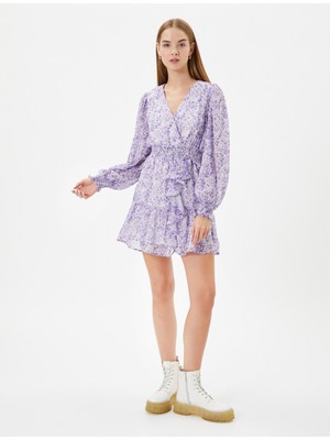 Koton Çiçekli Kruvaze Mini Elbise Tüllü Uzun Balon Kollu Fırfır Detaylı