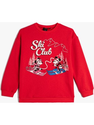 Koton Minnie Mouse ve Mickey Mouse Sweatshirt Lisanslı Uzun Kollu Bisiklet Yaka Şardonlu