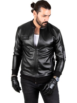 DeepSEA Siyah Dar Kesim Erkek Suni Deri Ceket / Mont – Kolej Yaka & Ribanalı 1820094