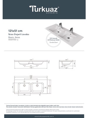 Turkuaz Seramik Ibiza 121 cm Çift Hazneli Etajerli Lavabo (Çift Batarya Delikli)