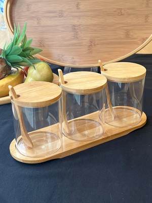 Rossev Bambu Kapaklı Borosilikat Cam 3'lü Reçellik
