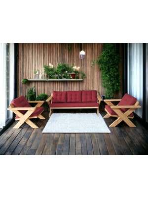 Zerka Concept Berlin Masif Ahşap Bahçe Balkon Koltuk Takımı Kestane Ağacı - 1 Adet Üçlü 2 Adet Tekli Bordo A.T.