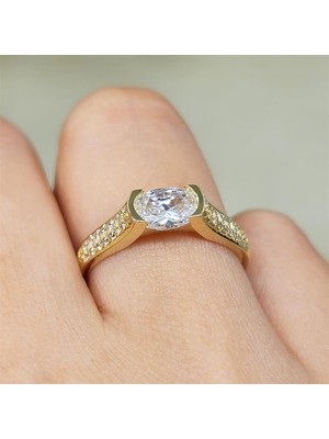 Fasek Gold Tektaş Altın Yüzük - 14 Ayar Altın Oval Zirkon Taşlı Tek Taş Evlilik Teklifi Yüzüğü