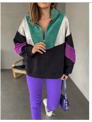 My Model Siyah Peluş Deri Detaylı Renkli Yarasa Kol Sweat