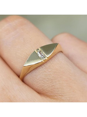 Fasek Gold Baget Altın Yüzük - 14 Ayar Altın Mekik Tasarım Zirkon Baget Taşlı Tektaş Yüzük