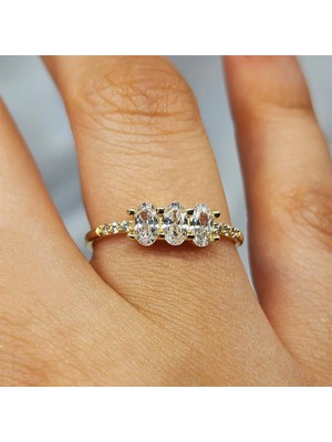 Fasek Gold Tria Altın Yüzük - 14 Ayar Altın 0.60 Karat Zirkon Oval Taşlı Fantezi Evlilik Teklifi Yüzüğü