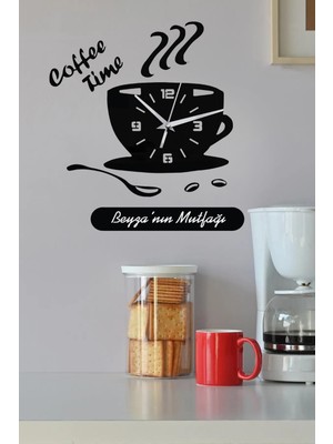 Ensa Design Kişiye Özel Coffee Time Yazı Dekorlu Ahşap Duvar Saati - Mutfak Saati 50CM