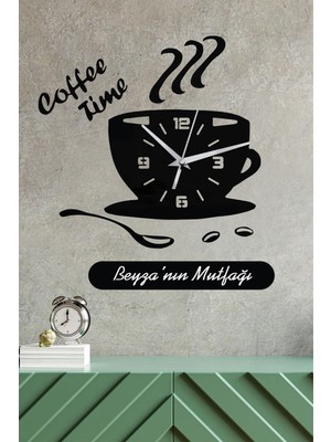 Ensa Design Kişiye Özel Coffee Time Yazı Dekorlu Ahşap Duvar Saati - Mutfak Saati 50CM