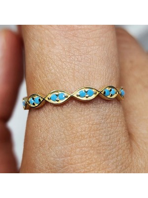 Fasek Gold Altın Yüzük - 14 Ayar Altın Göz Sıralı Turkuaz Taşlı Minimal Alyans Yüzük - Göz, Minimal Altın Yüzük