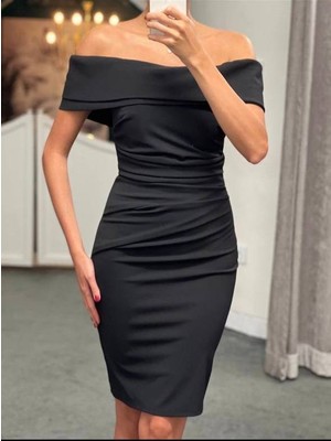 Twomeey Kadın Madonna Yaka Midi Boy Atlas Kumaş Klasik Elbise (Renk Seçenekli)