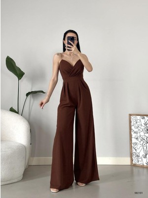 Twomeey Ithal Krep Kumaş Askılı Geniş Paça Tulum Elbise (Renkli)