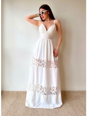 Twomeey Kadın Askılı Dantel Detaylı Aerobin Kumaş Göğüs Dekolteli Maxi Boy Abiye Elbise (Renkli)