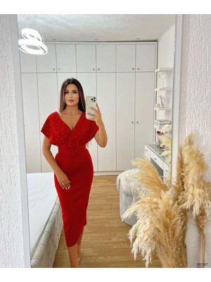 Twomeey Kadın Kemerli Inci Detay Dalgıç Kumaş Abiye Elbise (Renkli)