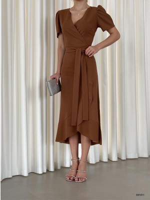 Twomeey Krep Kumaş Midi Boy Kuşaklı Elbise (Renkli)