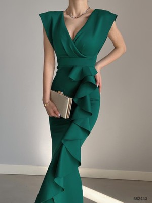 Twomeey Kadın Scuba Dalgıç Kumaş Kruvaze Yaka Eteği Volanlı Abiye Elbise (Renkli)