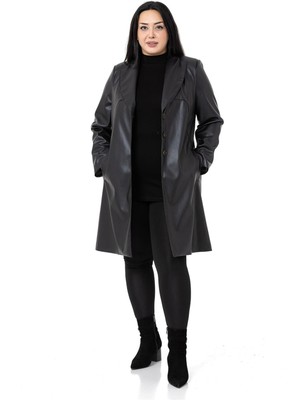 Disentis Modest Kadın Büyük Beden Siyah Deri Düğme Kapamalı Cepli Astarlı Kaban Uzun Kol