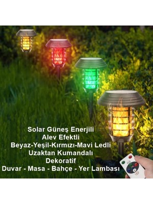 Gaman 2 Adet Güneş Enerjili Dekoratif Duvar Bahçe Yol Aydınlatması Rgb-Beyaz-Mavi-Kırmızı Alevli Solar LED Kumandalı