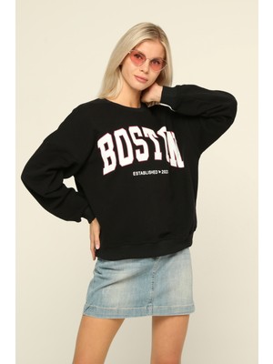 Owut Collection Siyah Bisiklet Yaka Baskılı Sweatshirt