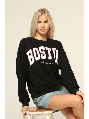 Owut Collection Siyah Bisiklet Yaka Baskılı Sweatshirt