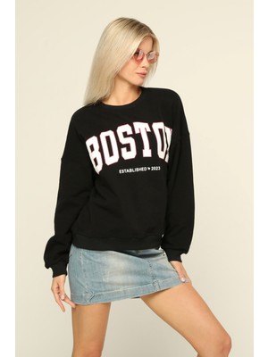 Owut Collection Siyah Bisiklet Yaka Baskılı Sweatshirt