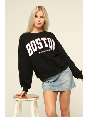 Owut Collection Siyah Bisiklet Yaka Baskılı Sweatshirt