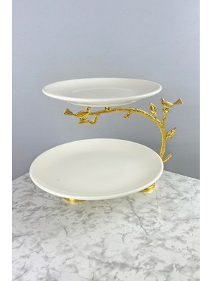 May Home Porselen 2 Katlı Kurabiyelik ve Meyve Servisliği – Altın Metal Detaylı, 21-25,5 cm Çap, 22 cm Yükseklik