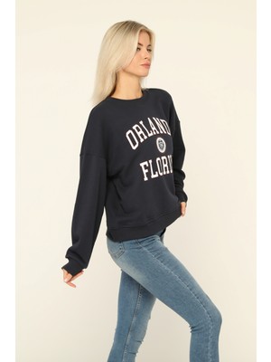 Owut Collection Lacivert Bisiklet Yaka Baskılı Sweatshirt