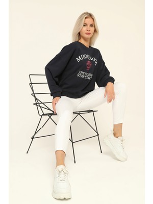 Owut Collection Lacivert Bisiklet Yaka Baskılı Sweatshirt