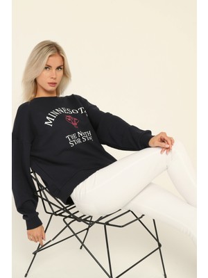 Owut Collection Lacivert Bisiklet Yaka Baskılı Sweatshirt