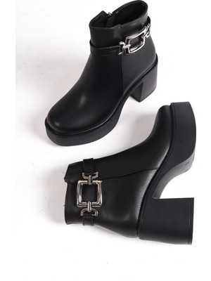 Modabuymus Tancez Siyah Kalın Platform Topuklu Tokalı Bot