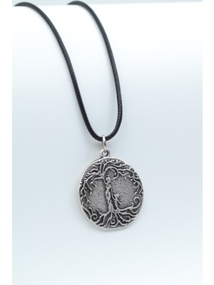 Anne Çocuk - Hayat Ağacı  Gümüş Kaplama Unisex Deri İp Kolye kod 399