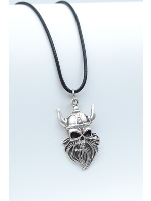 Viking Sakallı Kuru Kafa  Gümüş Kaplama Unisex Deri İp Kolye kod 425