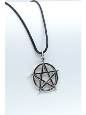Pentagram Yıldızı  Gümüş Kaplama Unisex Deri İp Kolye kod 431