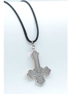 Ters Haç - Davut Yıldızı  Gümüş Kaplama Unisex Deri İp Kolye kod 534