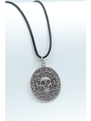 Aztec Karayip Korsanları Madalyon  Gümüş Kaplama Unisex Deri İp Kolye kod 450