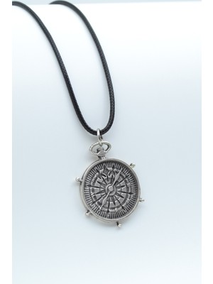 Pusula  Gümüş Kaplama Unisex Deri İp Kolye kod 488