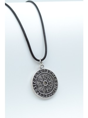 Vegvisir Pusula - Viking Sembol  Gümüş Kaplama Unisex Deri İp Kolye kod 451