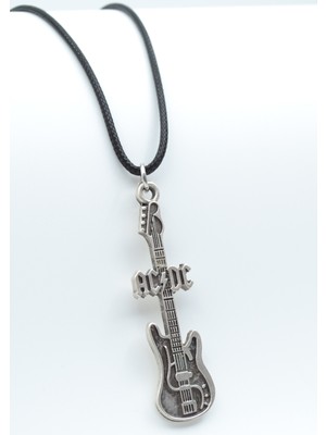 AC/DC Elektro Gitar  Gümüş Kaplama Unisex Deri İp Kolye kod 640