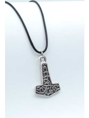Thor Mjollnir Hammer  Gümüş Kaplama Unisex Deri İp Kolye kod 434
