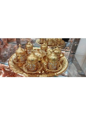 Bakır Center 6 Kişilik Gold - Bakır Osmanlı Desenli Türk Kahvesi Fincan Takımı - Tepsi