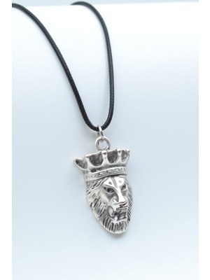 Aslan Kral  Gümüş Kaplama Unisex Deri İp Kolye kod 483