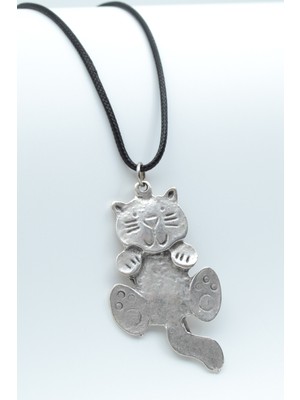 Kedi  Gümüş Kaplama Unisex Deri İp Kolye kod 510