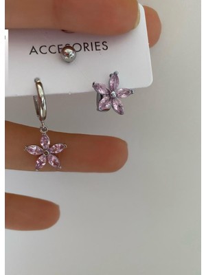 Ares Collection Pembe Zirkon Taşlı Çiçek Motifli 3 Lü A Kalitee Rodyum Kaplama Küpe Seti