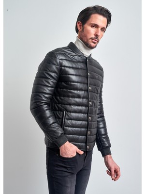 Pierre Cardin Erkek Siyah Biker Deri Mont