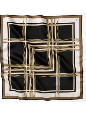 Armine Twill İpek Eşarp Siyah, Kahve, Krem, Gold, Zincir Detaylı 8845-02