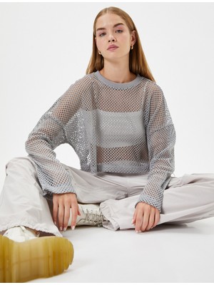 Koton Crop Ajurlu Tişört Uzun Kollu Bisiklet Yaka