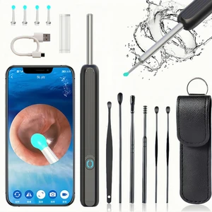 Kamera ve Işıklı Kulak Kiri Temizleme Aleti - 4 Adet Değiştirilebilir Kulak Kepçesi, Deri Kılıflı 6 Parça Kulak Temizleme Aracı Seti, 1296P Hd Kamera (Siyah) (Yurt Dışından)
