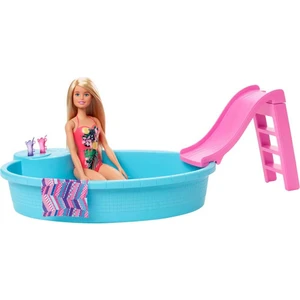 ve Eğlenceli Havuzu, 30 cm Boyunda, Sarışın Barbie Bebek ile Kaydıraklı Havuz Oyun Seti ve Aksesuarları GHL91