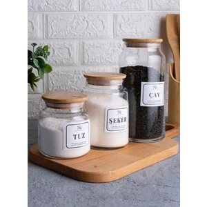 PEMBELİA LİFE 3’lu Bambu Kapaklı Cam Çay Şeker Tuz Saklama Kavanoz SETI(1300ML,800ML,500ML)